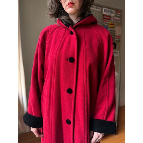 Vintage 90s Halston Hooded Wool Coat | Cherry Red Velvet Trim | Size 8 - Picture 6 of 14